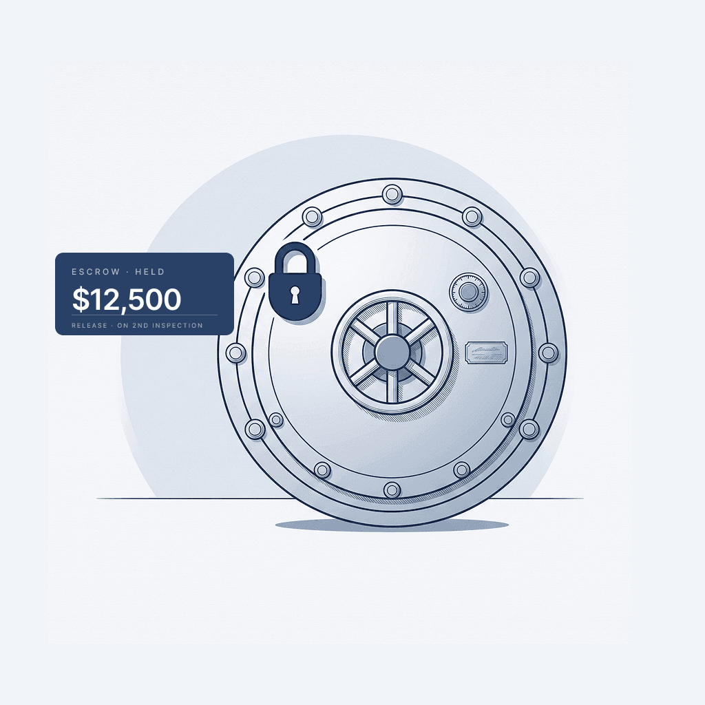 Escrow vault — $12,500 held, release on second inspection