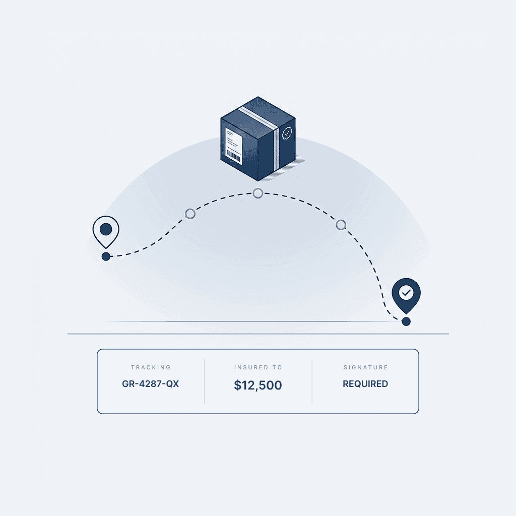 Insured shipping — tracked package route with signature required