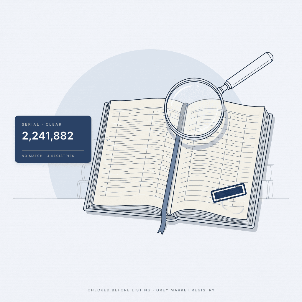 Serial number checked against four registries — no match, clear to list