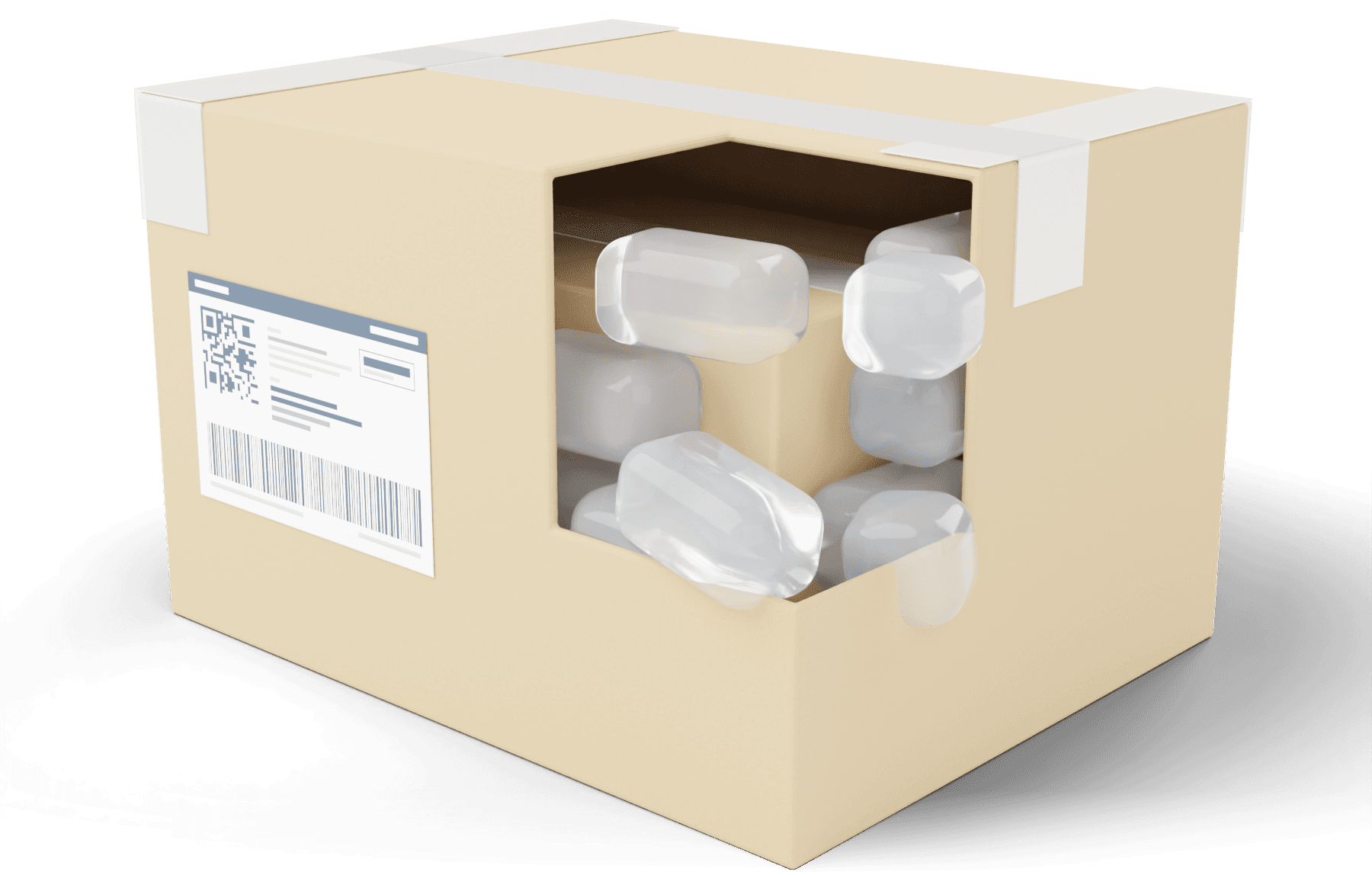 A double-boxed shipment: a taped outer box with the shipping label on the front, cut away at one corner to show the inner box packed in air pillows.